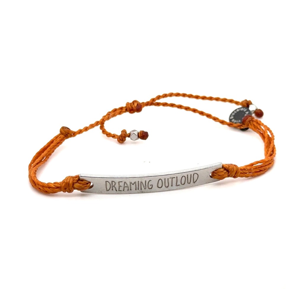 Pura Vida Dreaming Out Loud Orange Cord Bar Bracelet Silver Tone Engraved Boho
